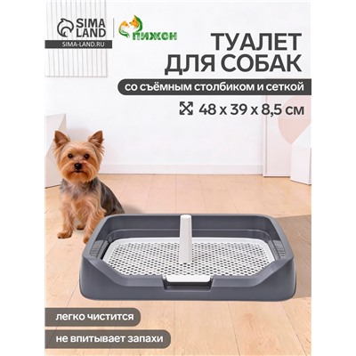 Туалет для собак, 48×39×8.5 см, с бортами, съёмной решеткой и столбиком, серый