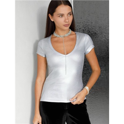 Футболка облегающая из хлопка в рубчик с V вырезом и матовым покрытием металлик