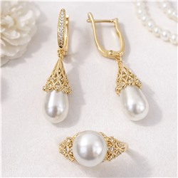 Комплект ювелирной бижутерии Итальянское золото (покрытие желтое 14к), серьги и кольцо 18 р, вставка: искусственный жемчуг и цирконы, арт.007.283-18