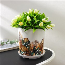 Горшок для цветов с поддоном Доляна «Голди. Листья», 1.6 л, d=14 см, h=15.5 см, пластиковый, цвет белый