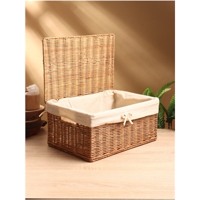 УЦЕНКА Корзинка прямоугольная с крышкой и тканевым подкладом, 33×22×15 см, ротанг