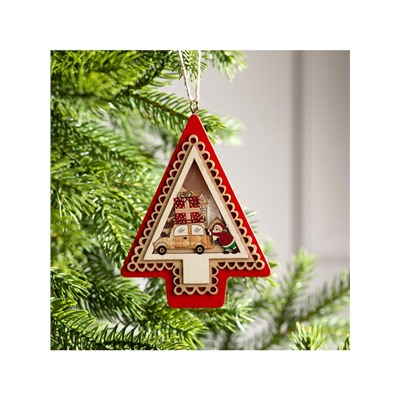 Ёлочная игрушка «Ёлка с Дедом Морозом и машиной», 12.5×9.5×1.5 см, от батареек, свечение тёплое белое
