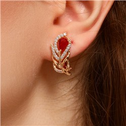 Серьги в форме пера ювелирная бижутерия коллекция "Дубай" покрытие: позолота, вставка: фианиты, цвет: красный, арт.217.244