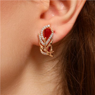 Серьги в форме пера ювелирная бижутерия коллекция "Дубай" покрытие: позолота, вставка: фианиты, цвет: красный, арт.217.244