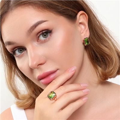 Комплект ювелирной бижутерии коллекция "Дубай" серьги и кольцо 18 р, покрытие позолота, вставка: фианиты, цвет: светло-зеленый и черный, арт.215.365-18