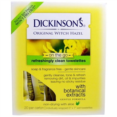 Dickinson Brands, Освежающие влажные салфетки Original Witch Hazel On the Go, 20 шт в упаковке, 12,7 х 17,8 см (5" x 7")