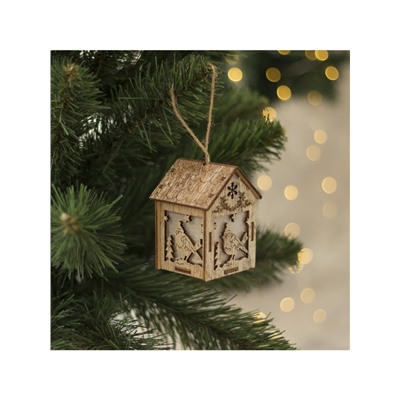 Ёлочная игрушка «Домик с птицей», 8×5×6 см, 1 LED, от батареек, свечение тёплое белое