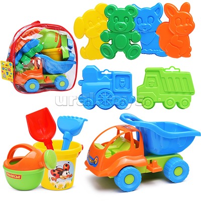 Набор №301 (в рюкзаке): "Муравей", автомобиль-самосвал + ведро малое, лопатка №5, грабельки №5, формочки (самосвал + паровоз + белочка + пёсик + котёнок + медведь), лейка малая №4