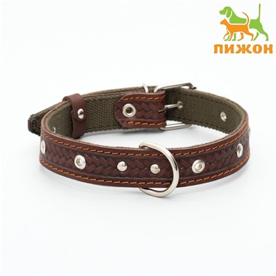 Ошейник комбинированный безразмерный, кожа/брезент, 60×3 см, ОШ 30-57 см, коричневый/зелёный