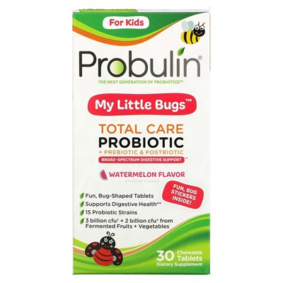 Probulin, для детей, My Little Bugs, пробиотик Total Care + пребиотик и постбиотик, арбуз, 30 жевательных таблеток