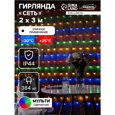Гирлянда «Сеть» 2×3 м, IP44, УМС, тёмная нить, 384 LED, свечение мульти, 220 В