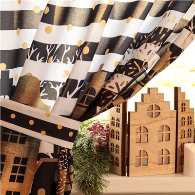 Комплект штор для кухни с подхватами «Этель. Золотой город», 2 шт., белые, чёрные, 145×180 см