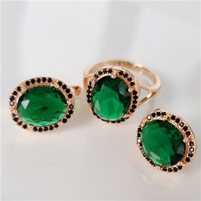 Комплект ювелирной бижутерии коллекция "Дубай" серьги и кольцо 18 р, покрытие позолота, вставка: фианиты, цвет: зеленый и черный, арт.215.354-18