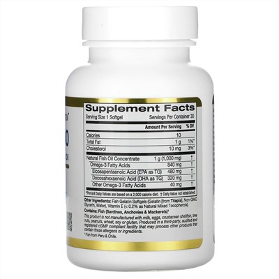 California Gold Nutrition, омега 800, рыбий жир фармацевтической степени чистоты, 80% ЭПК и ДГК, 1000 мг, 30 капсул из рыбьего желатина