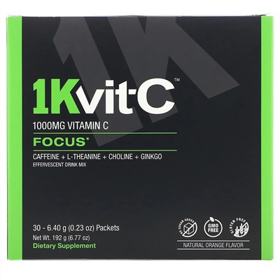 1Kvit-C, Витамин C, повышение концентрации, шипучая смесь для приготовления напитка, натуральный апельсиновый вкус, 1000 мг, 30 пакетиков по 6,4 г (0,23 унции)