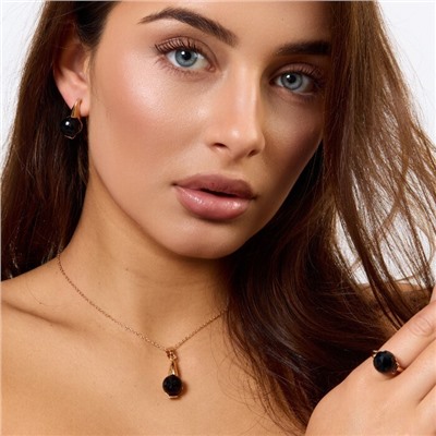 Комплект ювелирной бижутерии коллекция "Дубай" серьги, кулон и кольцо 18 р, покрытие позолота, вставка: кристалл, цвет: черный, арт.414.195-18