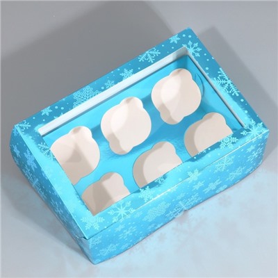 Коробка складная на 6 капкейков новогодняя с окном «Снежинки», 25×17×10 см