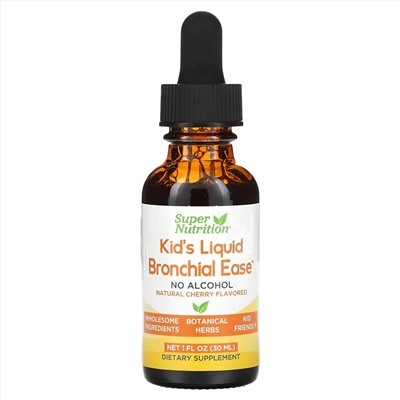 Super Nutrition, Kid's Liquid Bronchial Ease, без спирта, вишня, 30 мл (1 жидк. унция)