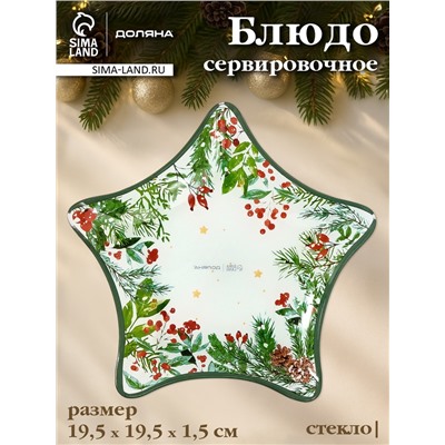 Блюдо новогоднее сервировочное Доляна «Еловые ветки», d=19.5 см, стекло, белое, зелёное