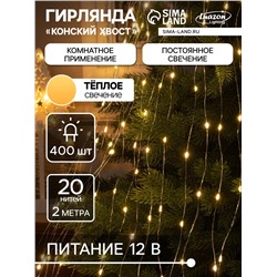 Гирлянда «Конский хвост» 20 нитей по 2 м, IP20, серебристая нить, 400 LED, свечение тёплое белое, 12 В