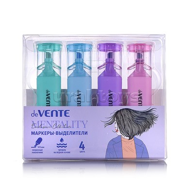 Набор маркеров-выделителей "Mentality" (4 цв - роз., сирен., мятн., салат.) плоский корпус c клипом, скошенный наконечник, ширина линии 1-5 мм, в пластиковой коробке