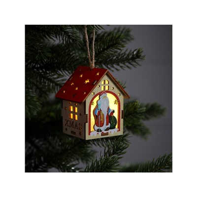 Ёлочная игрушка «Домик с Дедом Морозом», 8×7×6 см, 1 LED, от батареек, свечение тёплое белое