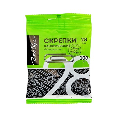 Скрепки канцелярские GLOBUS, 28 мм, 100 шт., без покрытия, флоу-пак