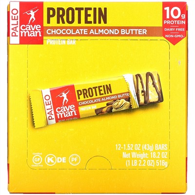 Caveman Foods, Protein Bar, Chocolate Almond Butter, 12 Bars, 1.52 oz (43 g) Each