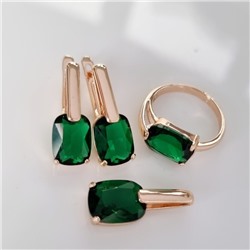 Комплект ювелирной бижутерии коллекция "Дубай" серьги, кулон и кольцо 19 р, покрытие позолота, вставка: фианиты, цвет: зеленый, Уценка, арт.08.4050-19 (215.386-19)
