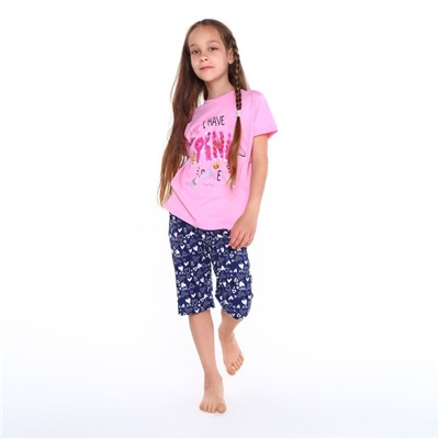 Пижама (футболка, бриджи) для девочки, розовый/синий, рост 122 см