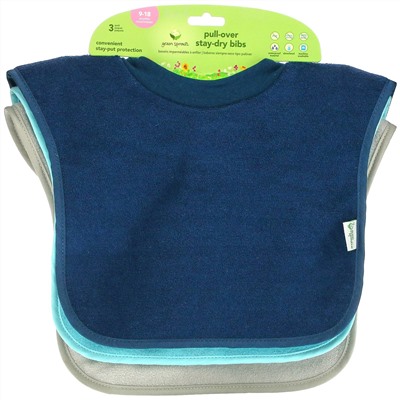 Green Sprouts, Pull-Over Stay-Dry  Bibs, 9-18 Months, Blue, Aqua and Gray, 3 Pack