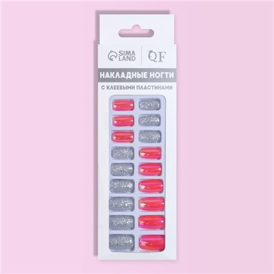 Накладные ногти, 24 шт., с клеевыми пластинами, форма мягкий квадрат, голографические, серебристые