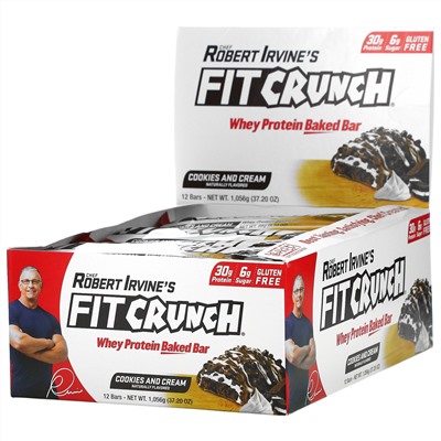 FITCRUNCH, батончик с термообработанным сывороточным протеином, печенье и сливки, 12 батончиков по 88 г (3,10 унции) каждый