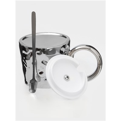 Кружка с ложкой «Стильный мишка», 320 мл, керамика, серебристая