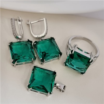 Комплект ювелирной бижутерии серьги, кулон и кольцо 20 р, покрытие посеребрение, вставка: фианит, цвет: морская волна, арт.313.154-20