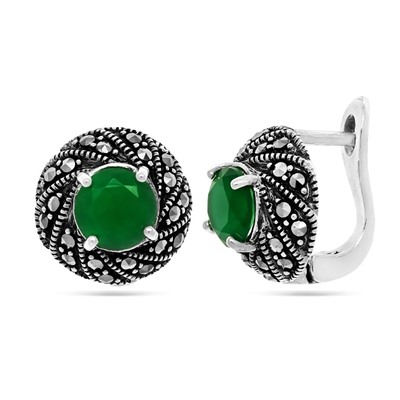 Серьги из серебра зеленый агат, марказит, SL-AGA1635