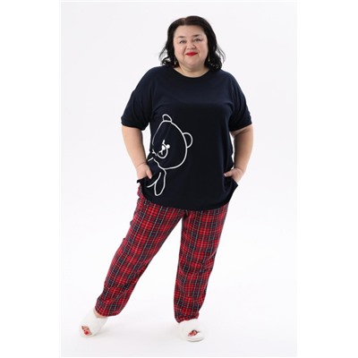 Пижама больших размеров с брюками Мишка (Красный,синий)