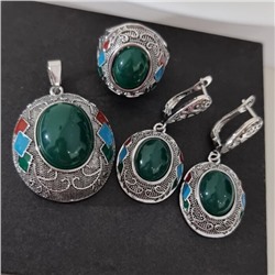 Крупный комплект ювелирной бижутерии серьги, кулон и кольцо 20 р, покрытие посеребрение, вставка: искусственный камень и эмаль, цвет: зеленый, арт.314.924-20