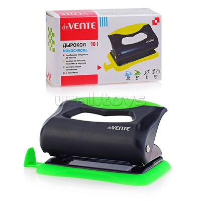 Дырокол "MonoChrome" (10 листов) пластиковый с каучуковой вставкой, с линейкой, в картонной коробке, черный с неоновым зеленым