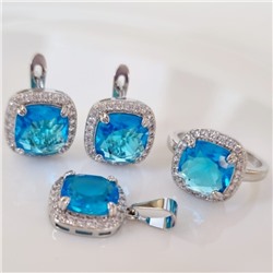 Комплект ювелирная бижутерия серьги, кулон и кольцо 17 р, покрытие: посеребрение, вставка: фианит, цвет: голубой и прозрачный, арт.313.103-17