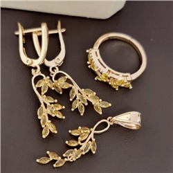 Комплект ювелирной бижутерии коллекция "Дубай" серьги, кулон и кольцо 20 р в форме веточки, покрытие позолота, вставка: фианиты и цирконы, цвет: желтый и прозрачный, арт.217.490-20