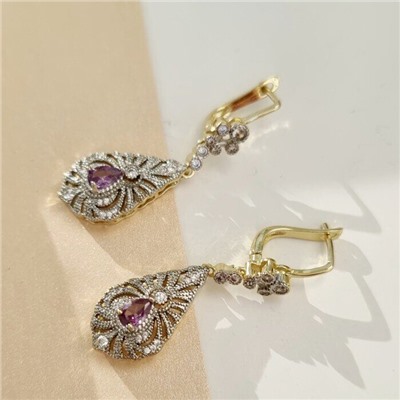 Комплект ювелирной бижутерии Итальянское золото (покрытие желтое 14к), серьги висячие и кольцо 17 р, покрытие позолота и посеребрение, вставка: фианиты, цвет: прозрачный и сиреневый, арт. 213.038-16