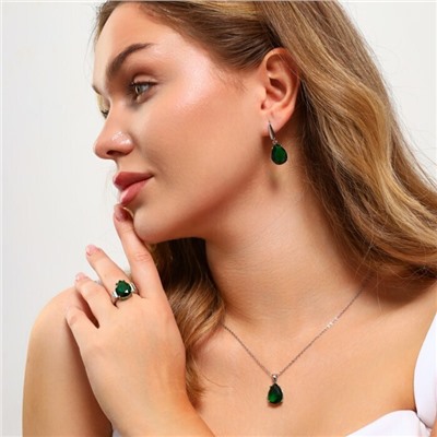 Комплект ювелирной бижутерии серьги, кулон и кольцо 20 р, покрытие: посеребрение, вставка: фианит, цвет: зеленый, арт.213.895-20