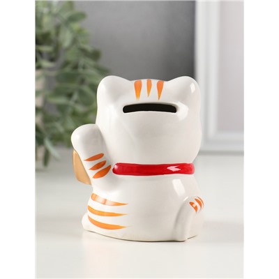 Копилка для денег «Манэки-нэко - иероглиф удача», керамика, оранж, 7.2×8.3×10 см