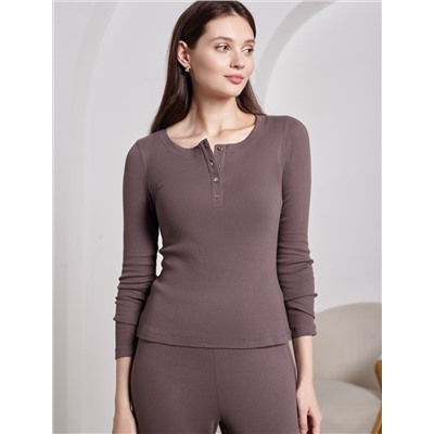 Лонгслив облегающий из фактурного трикотажа в рубчик с круглым вырезом на пуговицах