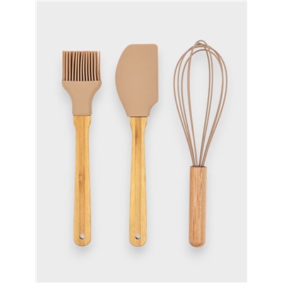 Набор кухонных принадлежностей KONFINETTA, 3 предмета: лопатка, кисточка, венчик, дерево, силикон, бежевый