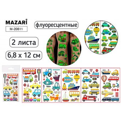 Тату стикеры 6,8 х 12 см ТРАНСПОРТ 2 л. флуоресцентные M-20811 Mazari
