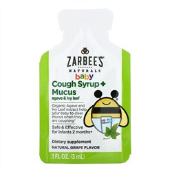 Zarbee's, Baby, Cough Syrup + Mucus with Organic Agave and Ivy Leaf, On-the-Go, Natural Grape Flavor, 10 Single Serve Packs, 1.0 fl oz (30 ml) Each