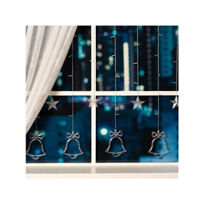 Гирлянда «Бахрома» 2.4×0.9 м с насадками «Колокольчики», IP20, прозрачная нить, 138 LED, свечение белое, 8 режимов, 220 В