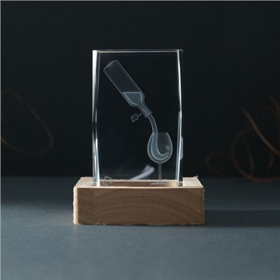 Фигурка светящаяся стекло «Прямоугольник. Бокал и вино», подставка дерево, USB, 7×7×10